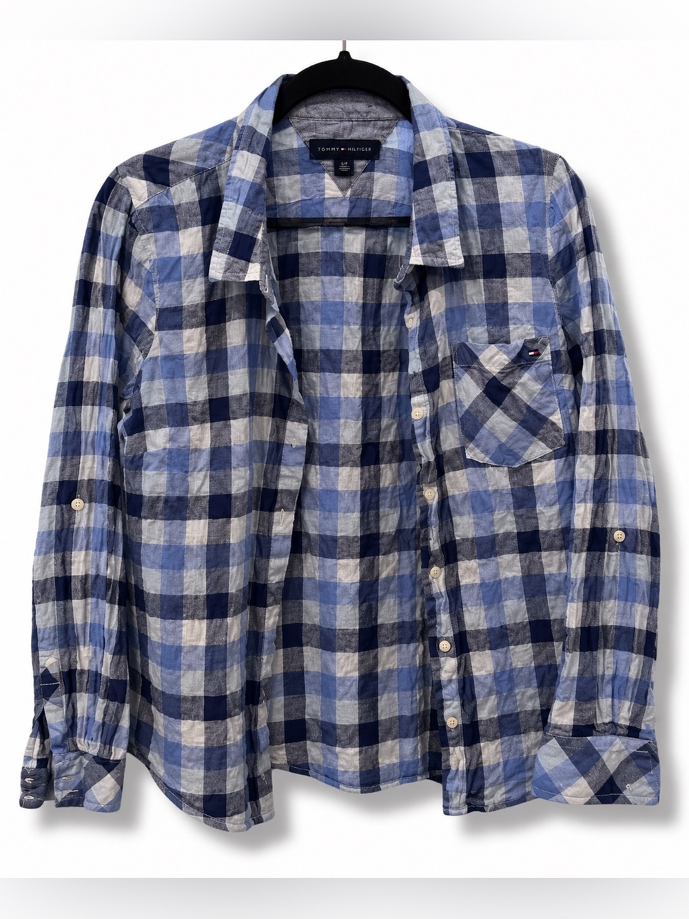 Tommy Hilfiger Navy and Light Blue Plaid Button-Down Shirt - Picture 2 of 4